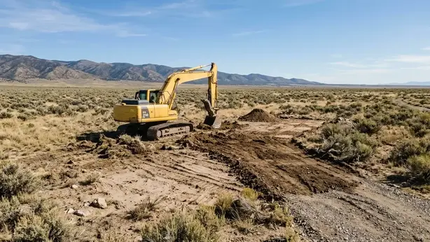 Yellow tracked excavator preparing an open rural homesite with cleared ground and a rough access route in Costilla County, Colorado