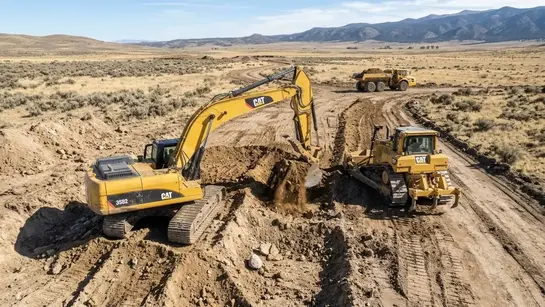 Excavator and motor grader preparing a rural homesite and unpaved access road in Costilla County, Colorado