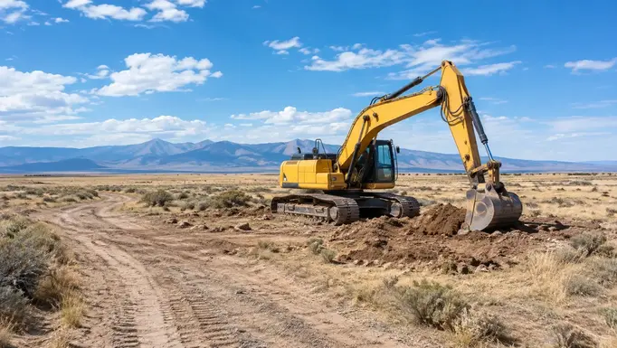 Yellow tracked excavator preparing open rural acreage for an off-grid homesite in Costilla County, Colorado