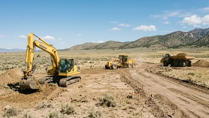 Yellow tracked excavator preparing a rural building area on undeveloped Costilla County land