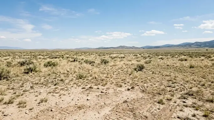 Expansive undeveloped rural acreage in Costilla County, Colorado, with dry native grasses, sparse sagebrush, naturally uneven sandy soil and distant foothills beneath a clear sky