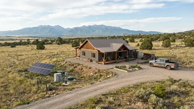 Off-grid rural Costilla County cabin with solar power, private water infrastructure, and space planned for onsite wastewater
