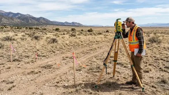Surveyor using a tripod-mounted surveying instrument to assess a proposed rural construction area in Costilla County, Colorado