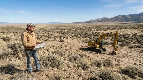 Excavation contractor reviewing site preparation plans on an undeveloped rural property in Costilla County, Colorado