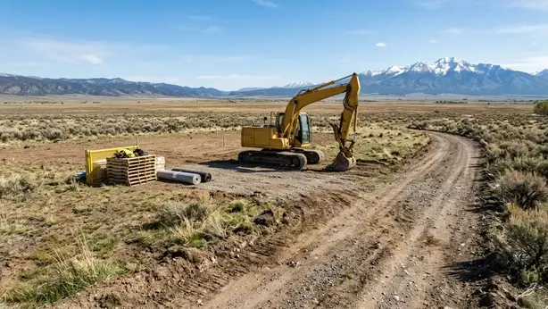 Rural construction access track leading toward a proposed off-grid solar installation area in Costilla County