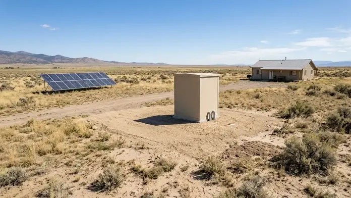 Modest solar equipment enclosure beside a rural homesite on open Costilla County land