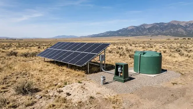 Ground mounted solar panels and private well water storage equipment on rural acreage in Costilla County, Colorado