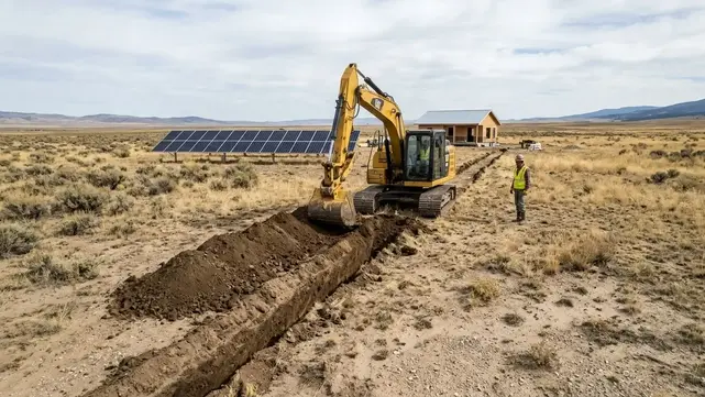 Excavator preparing an underground utility trench between a ground mounted solar array and a planned rural homesite in Costilla County