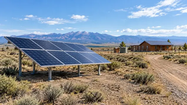 Off-grid solar array on open rural acreage with space for future homesite development in Costilla County Colorado