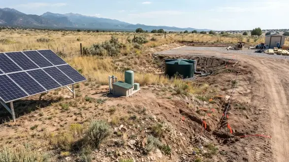 Off-grid rural property in Costilla County with private well infrastructure, solar power, water storage, and planned homesite