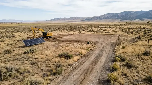 Undeveloped Costilla County acreage with a prepared rural driveway, graded homesite, and a planned area for a future off-grid solar array