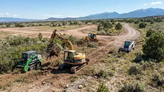 Rural Costilla County construction area prepared with a cleared building site, access route, and coordinated work areas
