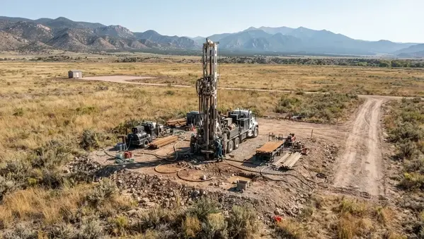 Private water well drilling operation with a drilling rig and supporting equipment on rural Costilla County property