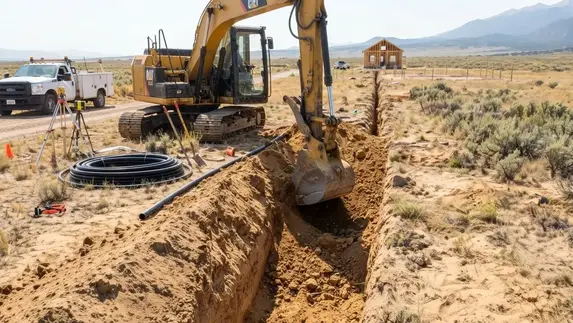 Water line trench being excavated from a private well toward a rural building site in Costilla County