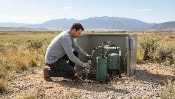 Private well water sample being collected for water quality testing on a rural Costilla County property
