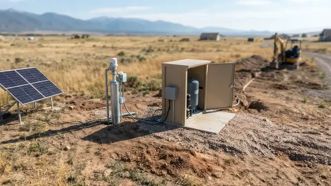 Private well water system installation with pump equipment, water lines, access, and rural site preparation in Costilla County