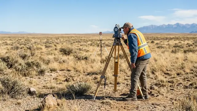 Land surveyor examining surveying equipment on open rural acreage in Costilla County, Colorado