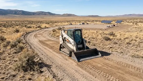 Yellow excavator traveling along a prepared rural access track toward an off grid solar construction area in Costilla County, Colorado