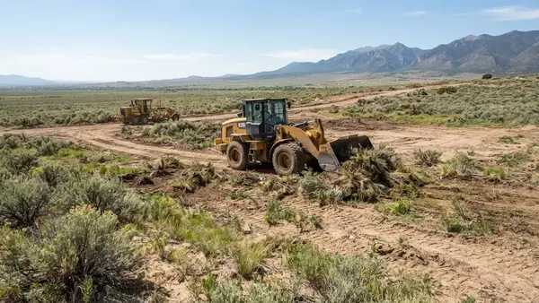 Rural land clearing equipment working across varied Costilla County Colorado terrain with open acreage, brush, and uneven ground