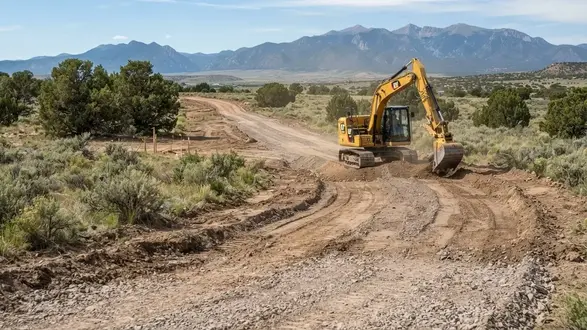 Rural driveway and private access road being excavated across undeveloped Costilla County acreage