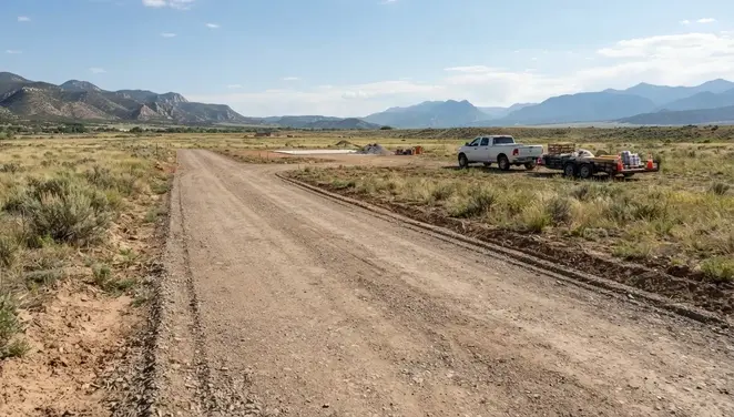 Rural driveway providing construction access to a future homesite on undeveloped Costilla County acreage