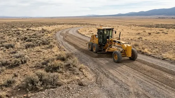 Yellow motor grader shaping an unpaved rural driveway across open Costilla County terrain