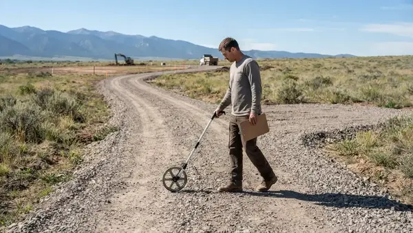 Long rural driveway being measured and planned for gravel delivery on Costilla County acreage