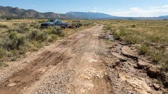 Rural dirt driveway with ruts, surface erosion, and drainage related damage in Costilla County Colorado