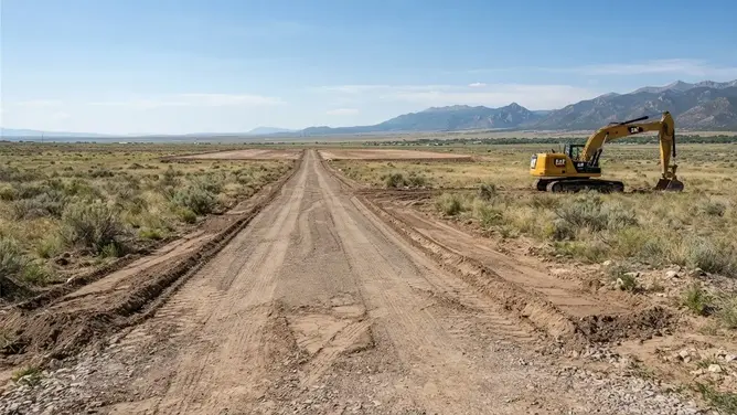 New rural driveway route being graded across undeveloped acreage toward a future homesite in Costilla County Colorado