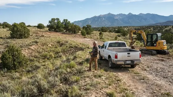 Rural excavation site being evaluated for access, terrain, drainage, ground conditions, and future development in Costilla County Colorado