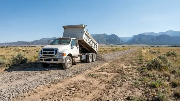 Gravel delivery truck unloading aggregate along a rural driveway in Costilla County Colorado