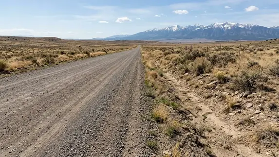 Maintained gravel access road with natural roadside drainage on a rural property in Costilla County, Colorado