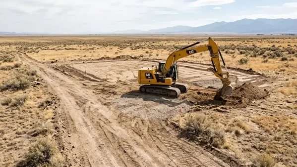 Excavator preparing an open rural homesite on Costilla County acreage with a graded access track and dry native grassland