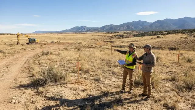 Contractor evaluating a rural Costilla County homesite before house pad excavation and site preparation