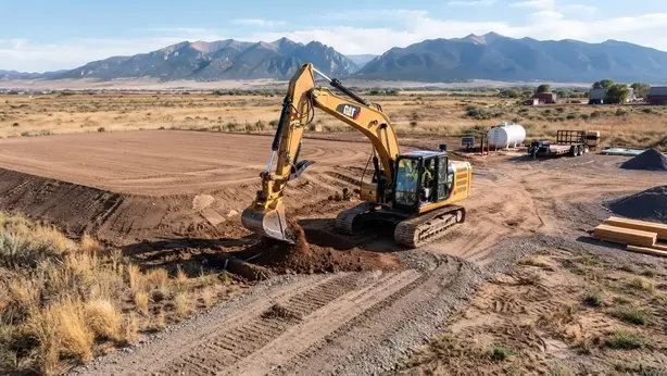 Rural homesite, driveway and construction area being prepared as part of an integrated land development layout in Costilla County Colorado