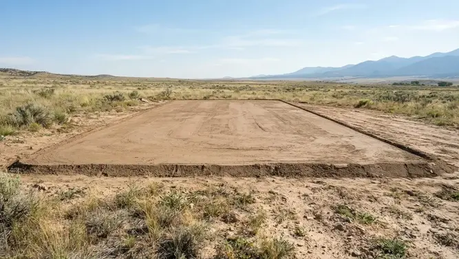 Prepared rural house pad with graded access and surrounding undeveloped acreage in Costilla County Colorado