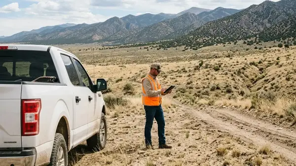 Existing dirt access track crossing undeveloped rural land being evaluated before excavation in Costilla County