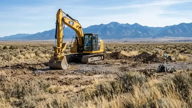 Yellow excavator preparing a potential rural homesite on open Costilla County acreage with an unpaved access track