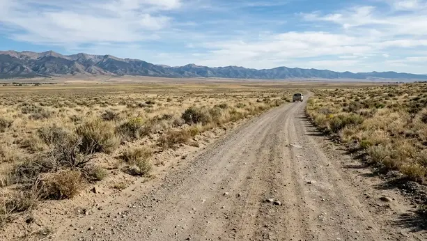 Unpaved rural access road crossing open Costilla County acreage with dry grassland and distant San Luis Valley mountain views