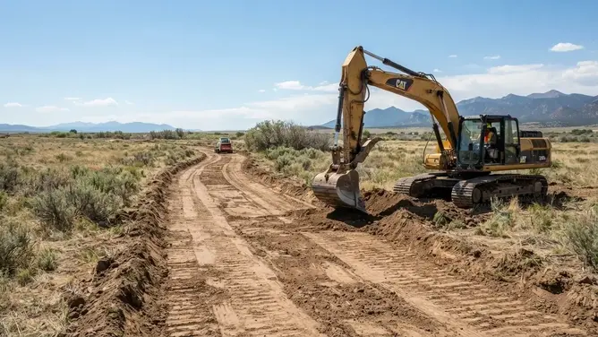Excavator grading and preparing a rural driveway roadbed before gravel placement in Costilla County Colorado