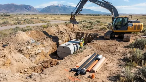 Rural septic system installation site with excavation equipment and septic tank preparation in Costilla County