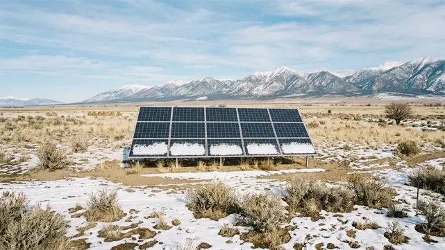 Ground mounted solar panels on an open rural Colorado property with patches of snow and distant mountain foothills