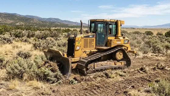 Tracked bulldozer selectively clearing brush and dry vegetation on rural Costilla County land