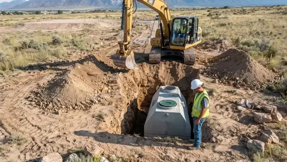 Excavator preparing a rural septic installation area on a Costilla County property