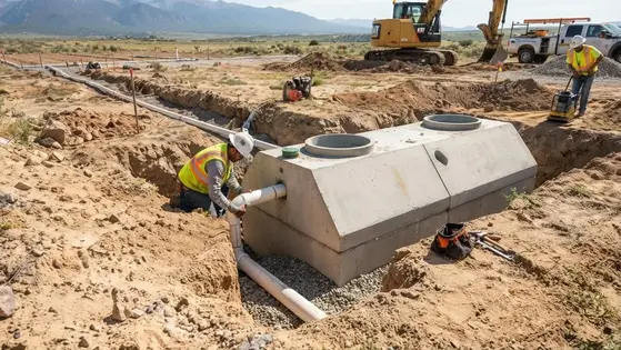 Septic tank and underground wastewater piping being installed on rural property in Costilla County