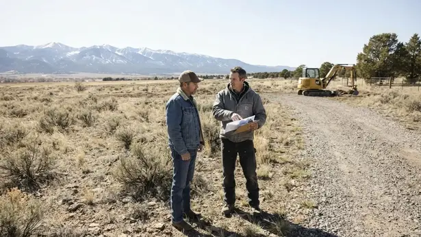 Rural property owner and contractor reviewing a proposed septic project area on undeveloped Costilla County acreage