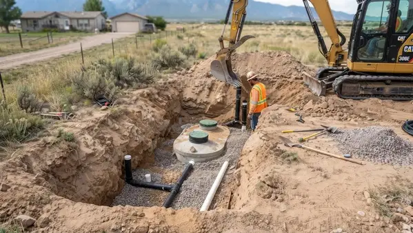 Professional contractor excavating around an existing septic system during rural repair work in Costilla County