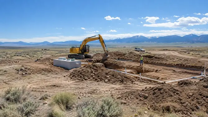 Septic system installation and excavation on rural property in Costilla County Colorado