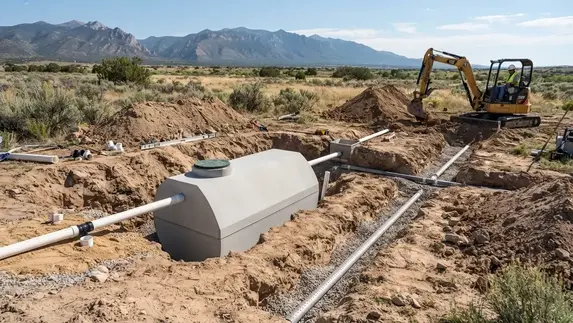 Septic tank excavation with wastewater piping and construction equipment on rural Costilla County property