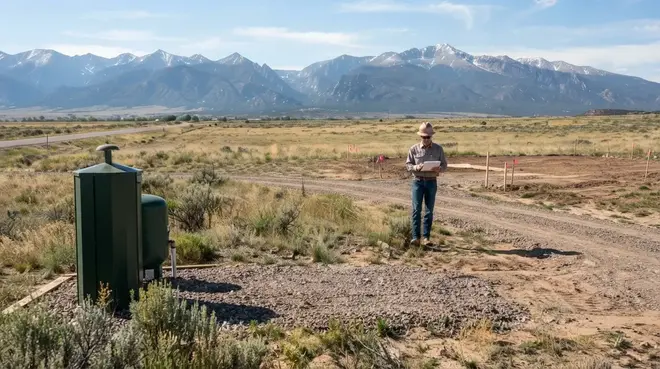 Rural Costilla County homesite showing coordinated placement of a private well, septic area, driveway, and future home